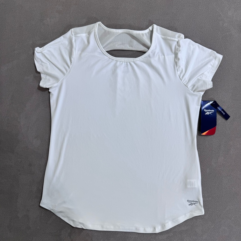 Reebok Women’s Workout Shirt White Breathable Short Sleeve Slim Fit Sz Large